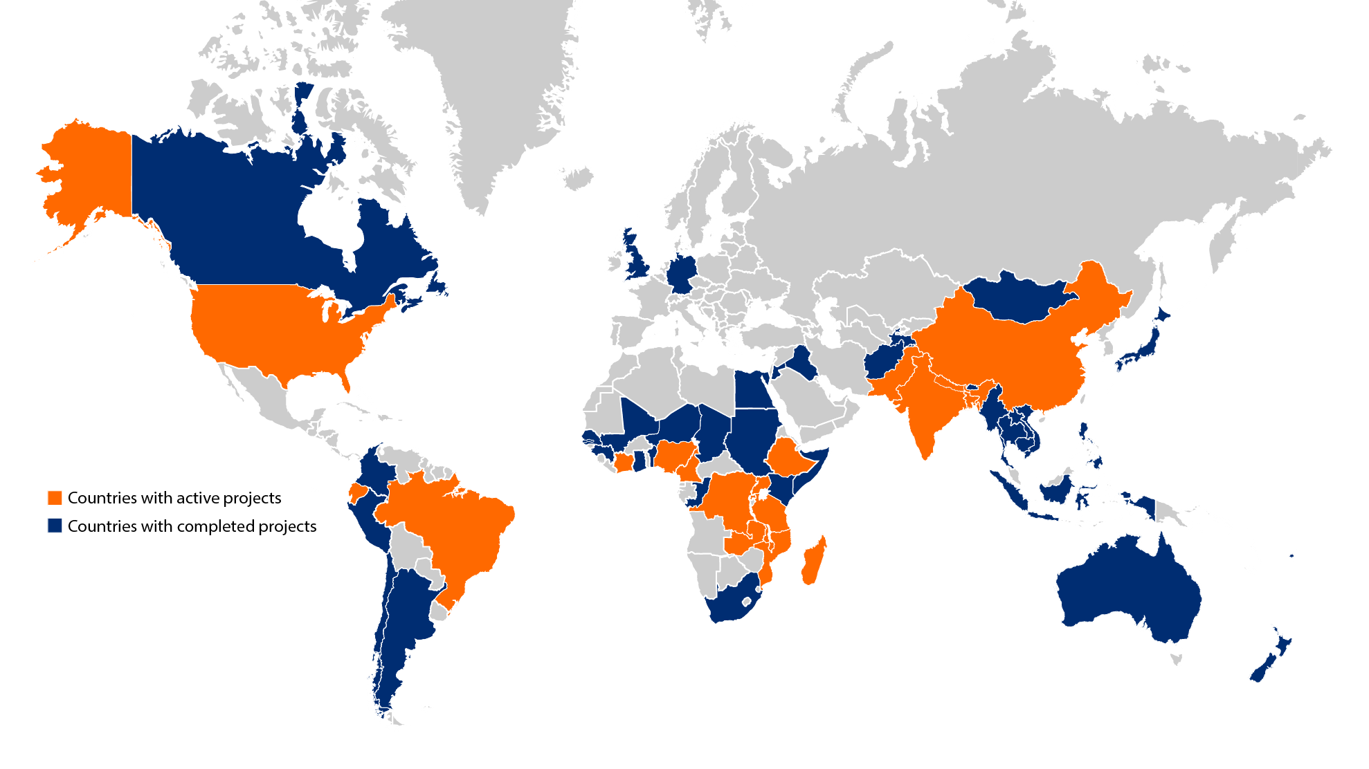 World map identifying countries where IVAC currently has projects