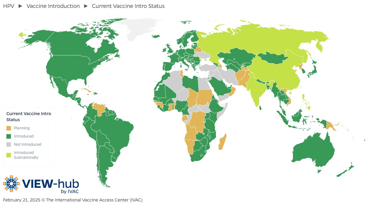 Map displaying global HPV vaccine introduction status