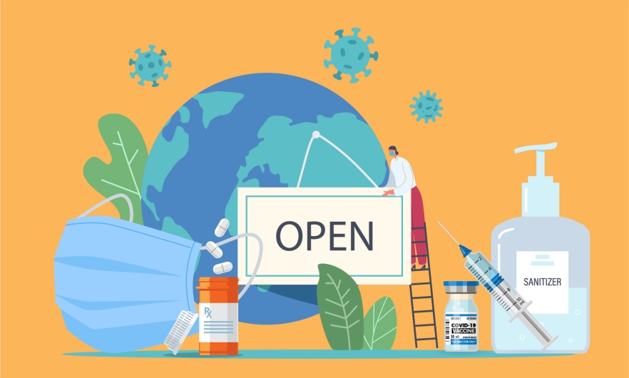 Graphic with mask, vaccine, world, covid microbiome, hand sanitizer, open sign