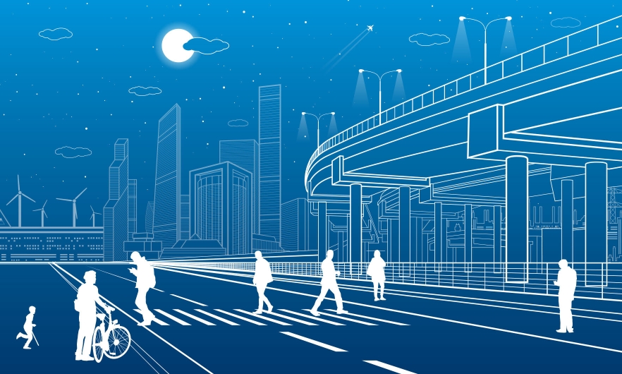 Graphic of a crosswalk with an overpass and city in background