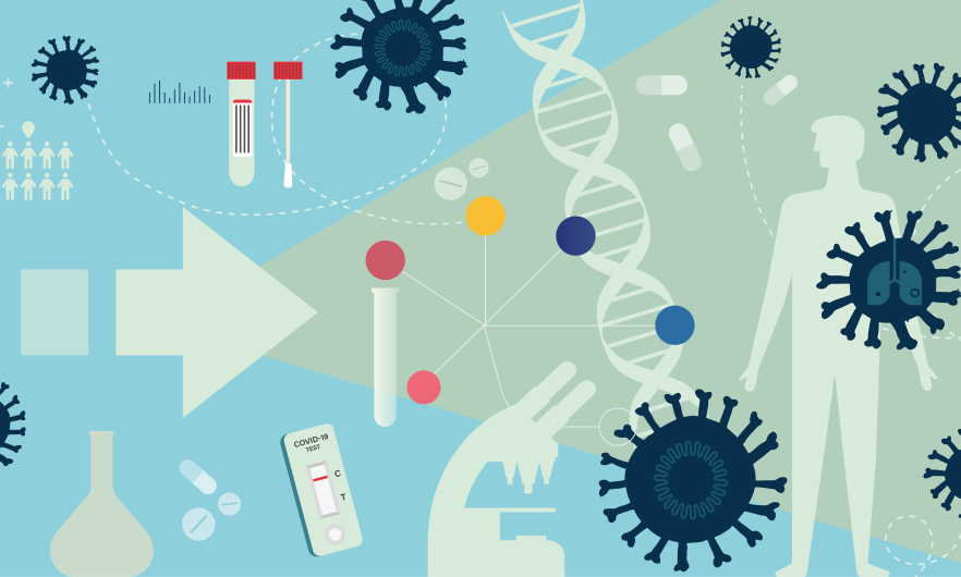 graphic with beakers, microscope, covid test and vials