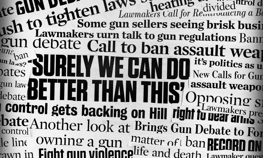 Collage of newspaper gun violence headlines prominently featuring one that says 'surely we can do better than this'