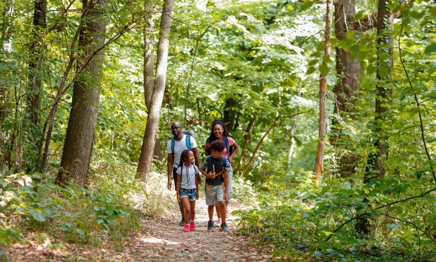 Young African family spends time together, hiking in the woods. They are walking over footpath, carrying backpacks and talking.