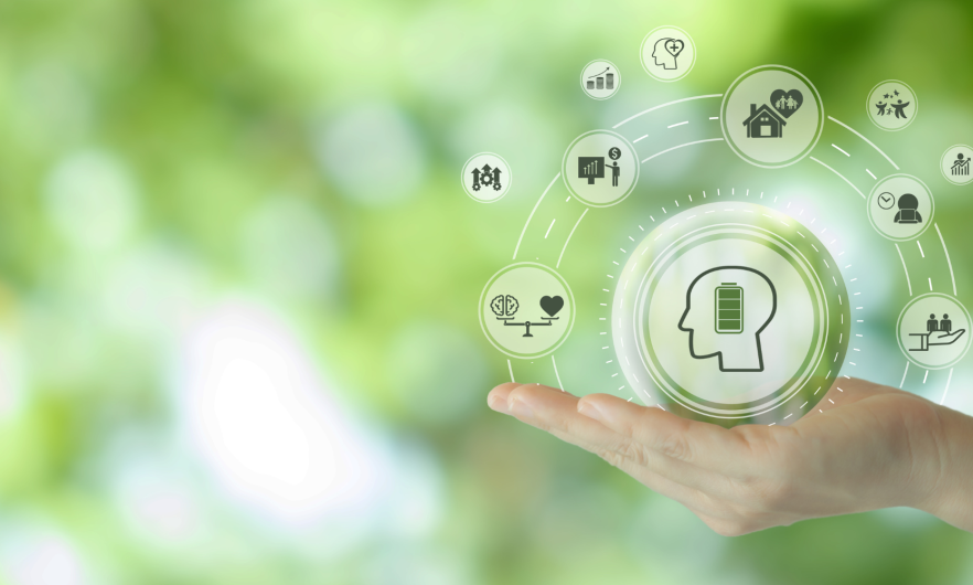 a cupped hand holds a line drawing of a head with a full battery inside; icons representing home and work surround the line drawing.