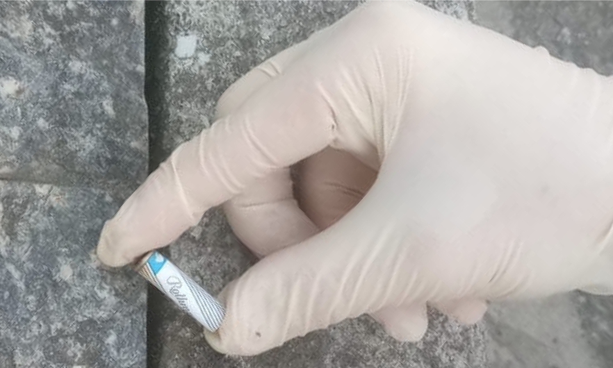 Person's hand wearing a rubber glove collects branded cigarette butt from a sidewalk in Guarujá, São Paulo, Brazil, as part of data collection for a study