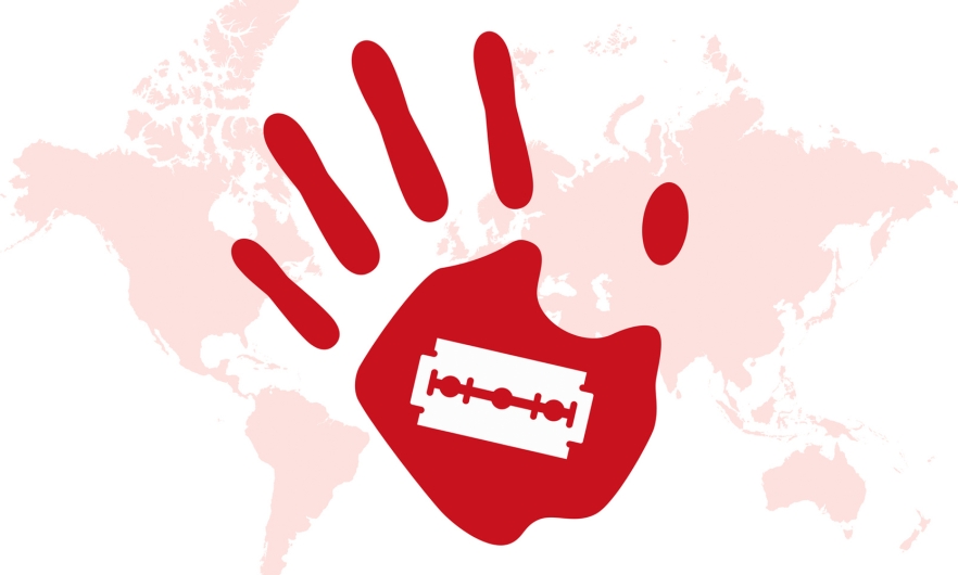 A graphic of red hand with a razor blade in its center, over a map of the world.