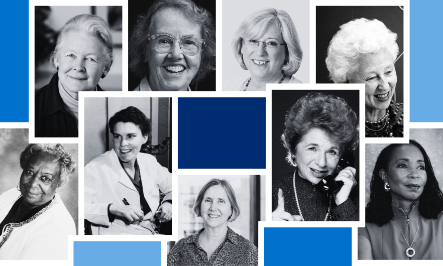 A photocollage of Susan Baker, Edyth Hull Schoenrich, Lisa Coussens, Anna Baetjer, Lillie Tyson Head, Isabel Morgan, Nan Laird, Ruth Westheimer, and Helene Gayle.