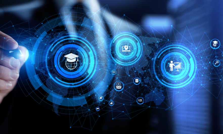 Online Learning E-learning Online learning distance education concept. Businessman pressing button on screen.