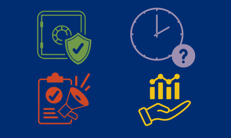 Image showing icons of safe, clock, clipboard and graph