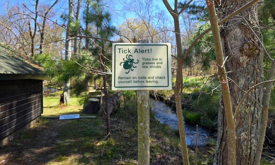 Tick alert warning sign Near a wooded area of a park, a posted sign reads, Tick Alert! Ticks live in grasses and low shrubs. Remain on trails and check yourself before leaving.
