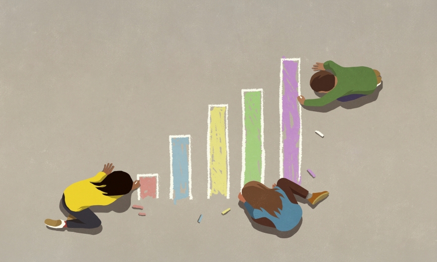 An illustration of three kids sitting on the ground, coloring in a bar chart with chalk