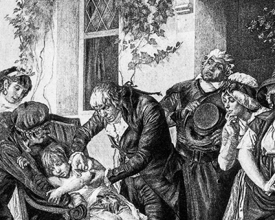 engraving of a vaccination scene
