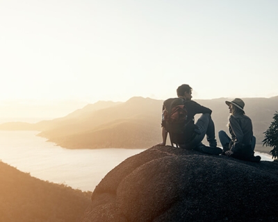 Scenic photo of two people hiking