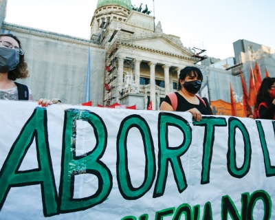 Argentine demonstrators voice support for the decriminalization of abortion outside the National Congress building on September 28, 2020, in Buenos Aires.