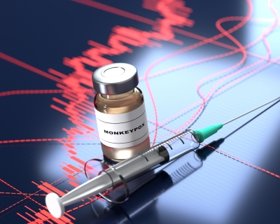 monkeypox vaccine vial and syringe across a data chart