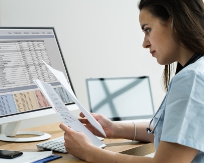 woman at computer with bills