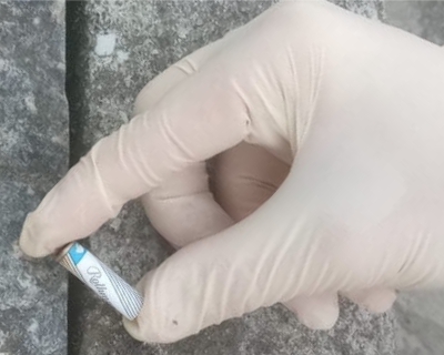 Person's hand wearing a rubber glove collects branded cigarette butt from a sidewalk in Guarujá, São Paulo, Brazil, as part of data collection for a study