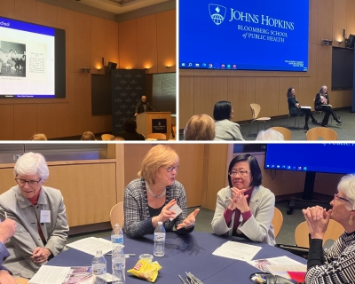 [top left image] Scott Zeger, PhD, Professor of Biostatistics, BSPH, speaking at the podium with a photo of Chuck playing chess in High School behind him. [top right image] Elizabeth Stuart, PhD, Chair and Professor of Biostatistics, BSPH, in conversation with Karen Bandeen-Roche, PhD, MS, Professor of Biostatistics, past-Chair of Biostatistics, BSPH. [bottom image] 5 women reminiscing at a table.