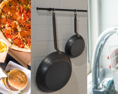 A collage of images, featuring fast food in packaging, nonstick pans, and a person getting a glass of water from a kitchen sink.