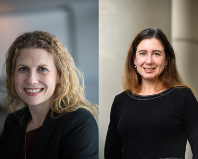 Side-by-side photos of Heather Volk and Christine Ladd-Acosta, both smiling and wearing black tops