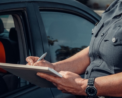 A police officer writing on a notepad next to a car.