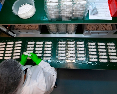 Photo shot from above of an NG Biotech employee wearing green latex gloves, a white coat, and a protective hair covering, working on rows of small white &quot;Carba&quot; antibiotic resistance tests.