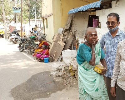 Karupayee with M. Raja and A. Vincent of the Mahelerecen Leprosy center in Madurai, India. March, 2022. Kamala Thiagarajan