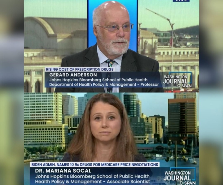 Two stills from C-SPAN newscasts. The top still centers a man named Gerard Anderson and the bottom still centers a woman named Mariana Socal