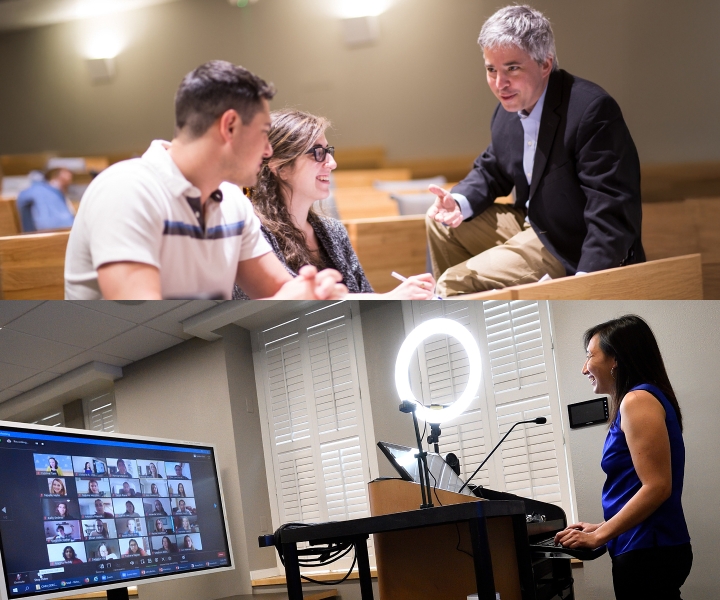 Two different images. On top is faculty member sitting on desk talking to two students sitting in their chairs. Bottom image is faculty member at front of classroom behind podium, teaching to a screen of Zoom participants.