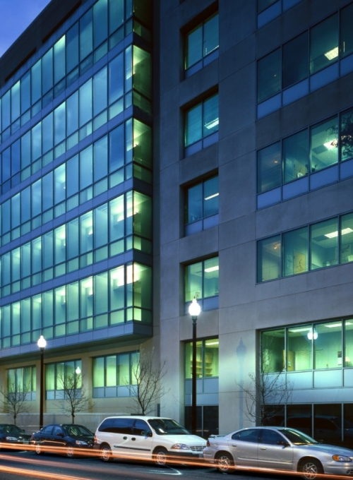 Bloomberg building exterior night