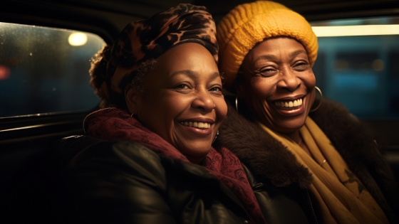 Black women smiling in taxi