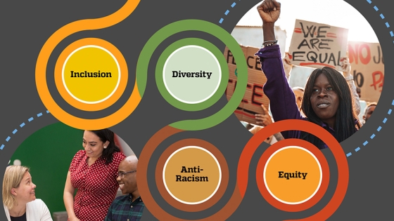 Colored circles with images of people of different backgrounds. Four circles read: Inclusion, Diversity, Anti-racism, and Equity