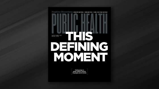 Mag spring 2025 cover The cover of Hopkins Bloomberg Public Health magazine's 2025 spring issue. It features a black background with white text that reads "This Defining Moment."