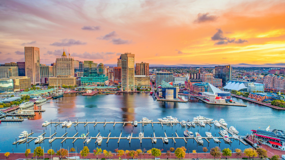 Baltimore's harbor at sunset