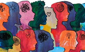 Illustration of a large group of diverse people with different emotional/mental states and thoughts.