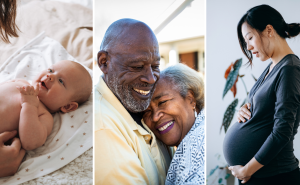 A collage of three photographs. The first is baby, laying on a blanket. The second is two older adults that are married. The third is a woman, holding her pregnant belly.