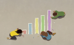 An illustration of three kids sitting on the ground, coloring in a bar chart with chalk