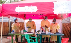 Health workers prepare the launch of the Ebola vaccination campaign at Mulago National Referral Hospital, in Kampala, Uganda, on February 3, 2025.