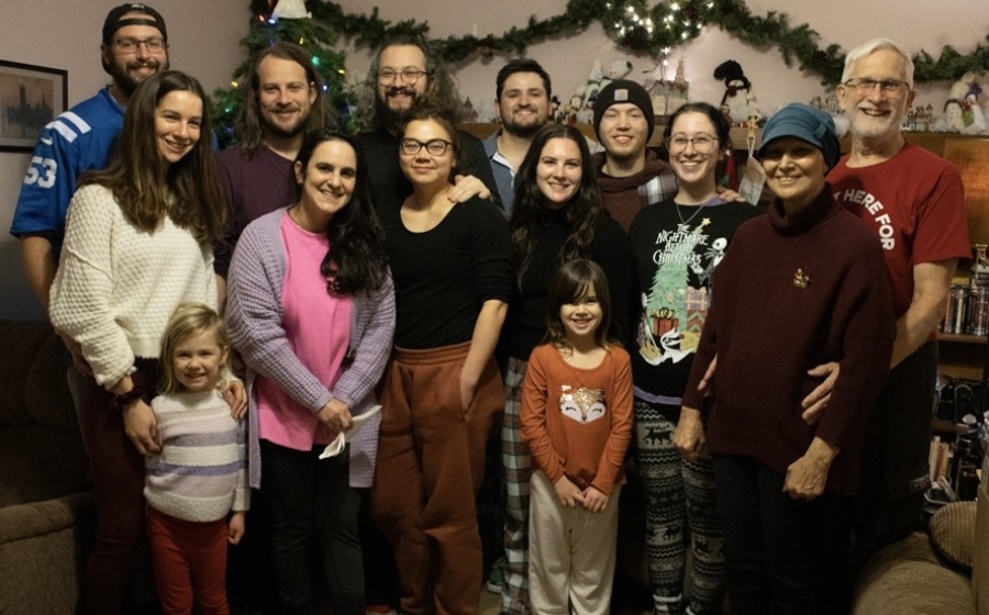 Huster family December 2022 gathering Bill and Gertrude (far right) gathered with their extended family in December 2022.