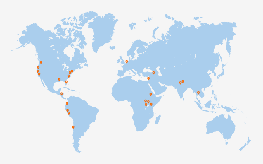 PFRH Field Placements 2022-2024 - A light blue map of the world with orange pins scattered across many countries