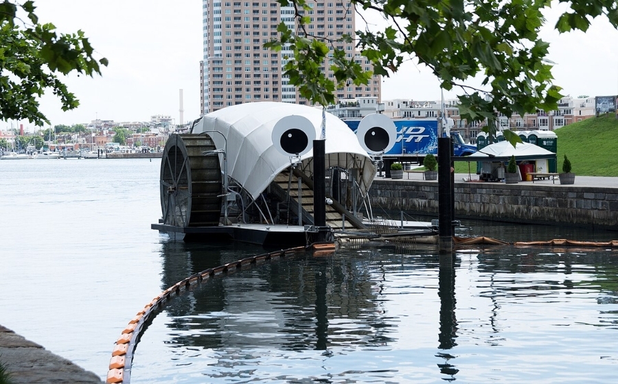 Mr. Trash Wheel Mr. Trash Wheel at collection point in harbor