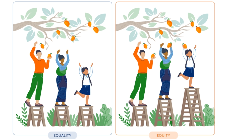 Illustration of people on stools trying to reach fruit in a tree, which explains the difference between equality and equity.