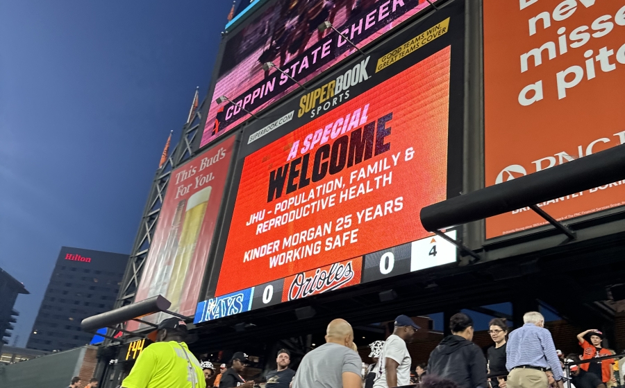 The scoreboard at Camden Yards welcomes PFRH to a game in September