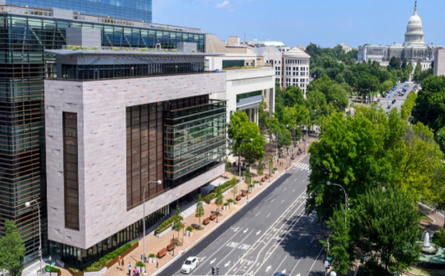 Aerial view of the Hopkins Bloomberg Center in Washington, D.C.