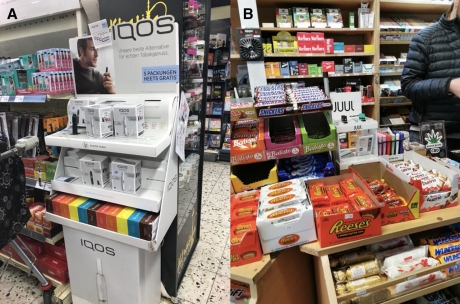 Displays of cigarettes and other tobacco products near candy and other sweets in convenience stores.