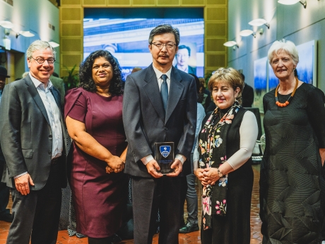 Jiou Wang installed as the inaugural Walder Foundation Distinguished Professor in the Department of Biochemistry and Molecular Biology Jiou Wang, (center) the inaugural Walder Foundation Distinguished Professor, stands (L to R) with JHU Trustee Michael Rosenbaum, BMB Department Chair Ashi Weeraratna, Elizabeth Walder, and Dean Ellen MacKenzie.