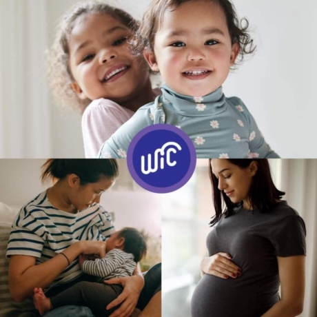 two toddlers, a woman breastfeeding, and a pregnant woman holding her belly