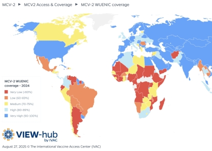 World map showing country-level MCV2 coverage
